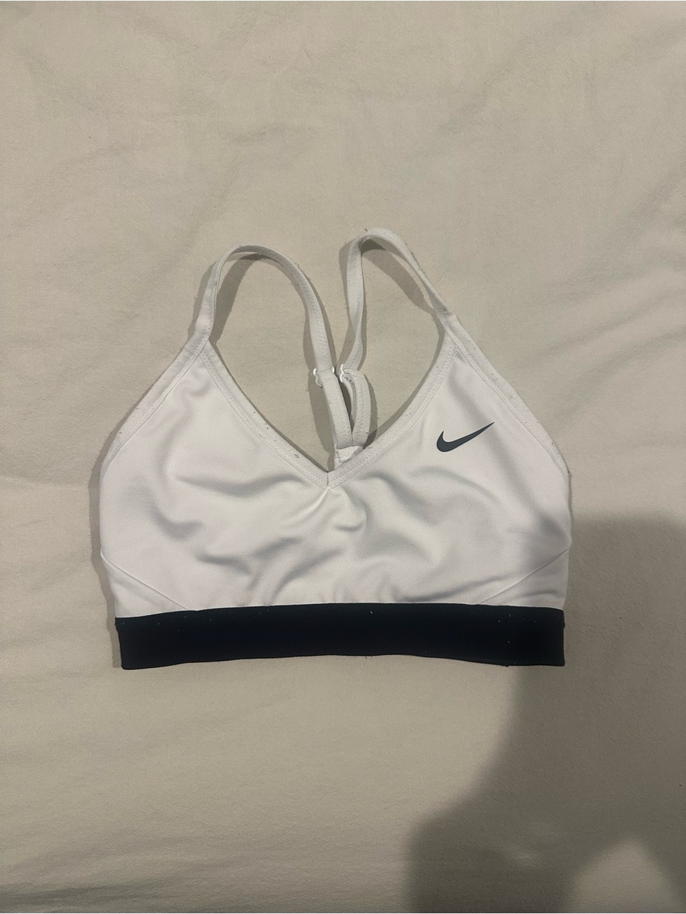 Nike White Sports Bra with Black Band and Navy Swoosh